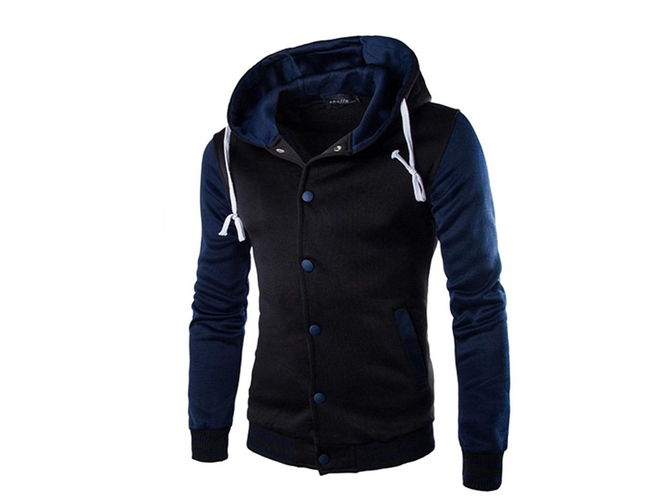 Size: M, Color: Navy blue - Baseball clothing men's sweater cotton color matching cardigan single row button hoodie - Image 2