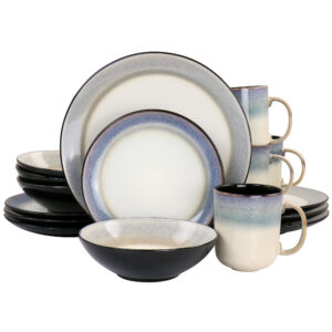 Gibson Elite Rings of Saturn 16 Piece Reactive Glaze Stoneware Dinnerware Set in Grey
