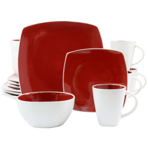 Gibson Home Soho Lounge 16 Piece Soft Square Stoneware Dinnerware Set in Red and White