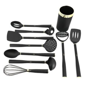 Gibson Home Hampsbridge 10 Piece Nylon Kitchen Tool Set and Utensil Crock in Black and Gold