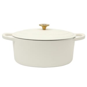 Crock Pot Artisan 7 Quart Oval Enameled Cast Iron Dutch Oven in Linen with Gold Handle