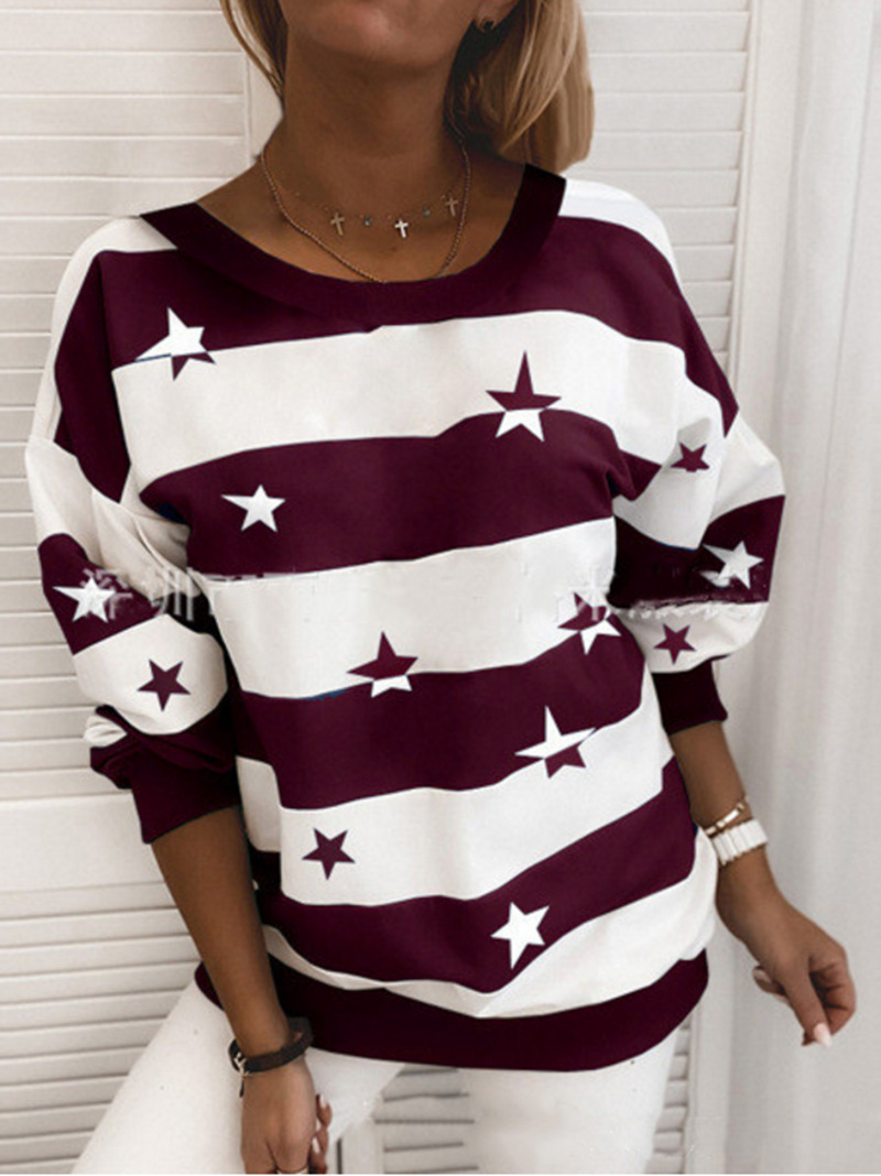 Color: Wine Red, Size: L-Star, style: - Striped Printed Long Sleeve Top Loose Sweatshirt - Image 2