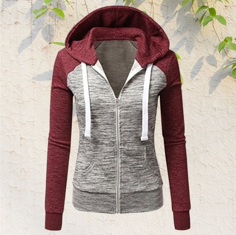 Color: Red, size: XL - Colorblock Hooded Drawstring Sweater - Image 2