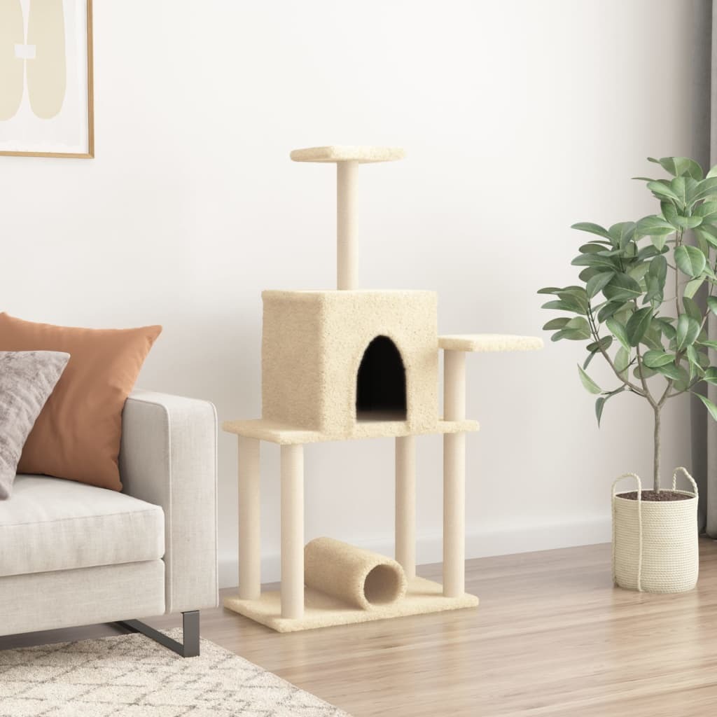 vidaXL Cat Tree Cream Engineered wood, plush, sisal Medium Cat Tree - Image 3