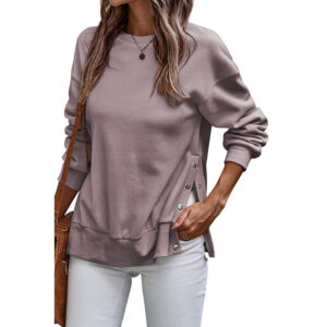 Color: LC25316883P1508color, Size: S - Solid Color Pullover Women's European And American Leisure Style Slit Loose Flab Hiding Long Sleeve Bathroom