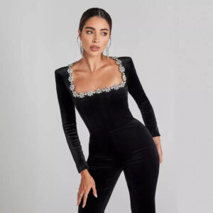 Women's Fashion Diamond Hollow High Waist Slim-fit Solid Color Jumpsuit