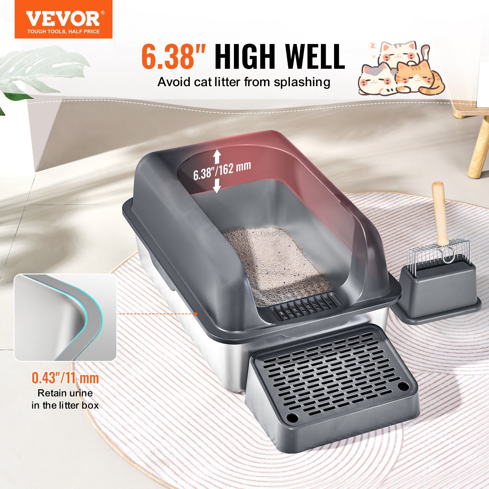 VEVOR 6 in Deep Cat Litter Box Odor-Free Litter Box with Filtering Foot Board - Image 2