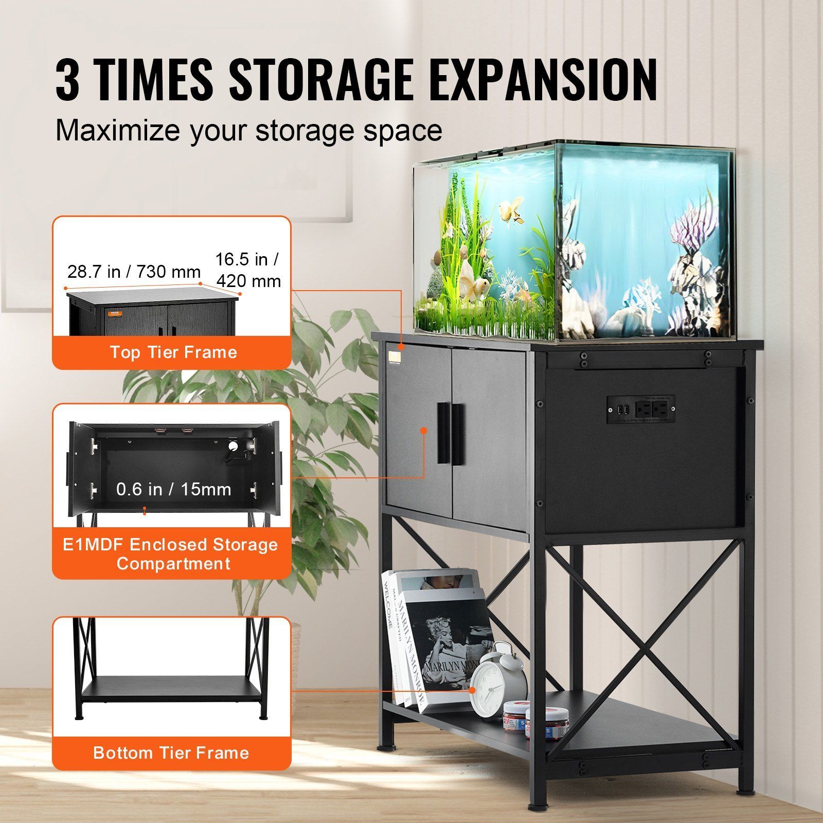 VEVOR Aquarium Stand, 29 Gallon Fish Tank Stand, 28.7 x 16.5 x 30 in Steel and MDF Turtle Tank Stand, 242.5 lbs Load Capacity, Reptile Tank Stand with Storage Cabinet and Embedded Power Panel, Black - Image 7