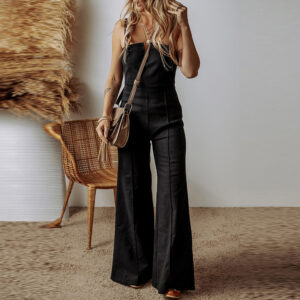 Women's Solid Color Denim Sling All-match High Waist Flared Jumpsuit