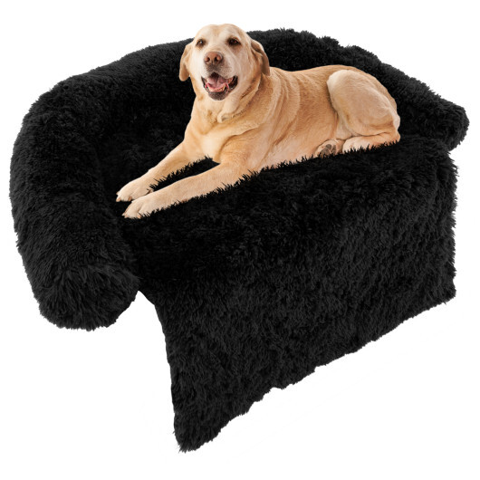 Plush Calming Dog Couch Bed with Anti-Slip Bottom-L - Color: Black - Size: L