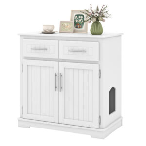 Cat Litter Box Enclosure with 2 Drawers and Double Doors-White - Color: White