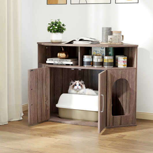 Corner Cat Litter Box Enclosure with Storage Shelves and Double Doors-Gray - Color: Gray - Image 2