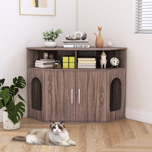 Corner Cat Litter Box Enclosure with Storage Shelves and Double Doors-Gray - Color: Gray - Image 3