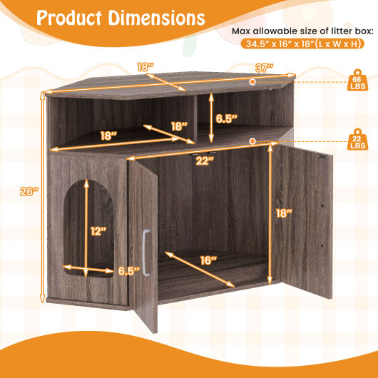 Corner Cat Litter Box Enclosure with Storage Shelves and Double Doors-Gray - Color: Gray - Image 5