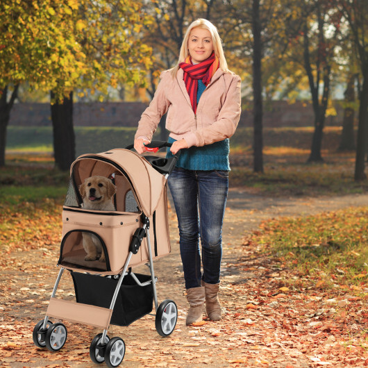 Folding Pet Stroller with Storage Basket and Adjustable Canopy-Beige - Color: Beige - Image 2