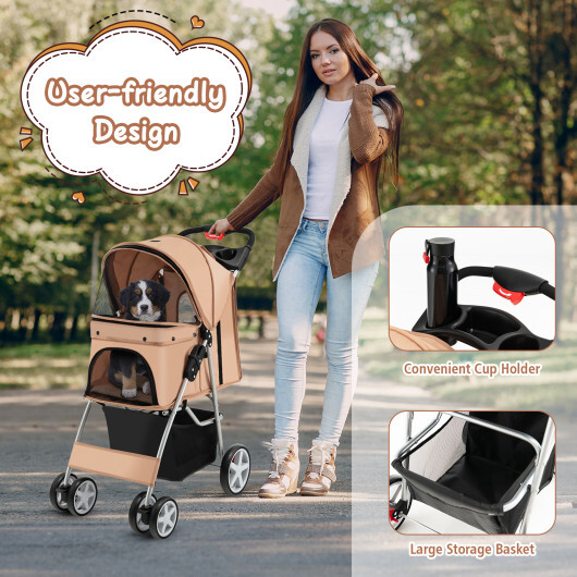 Folding Pet Stroller with Storage Basket and Adjustable Canopy-Beige - Color: Beige - Image 3