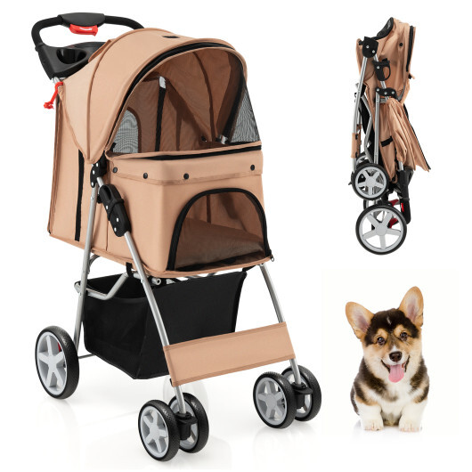 Folding Pet Stroller with Storage Basket and Adjustable Canopy-Beige - Color: Beige - Image 4