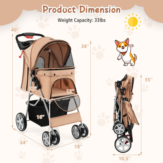 Folding Pet Stroller with Storage Basket and Adjustable Canopy-Beige - Color: Beige - Image 5
