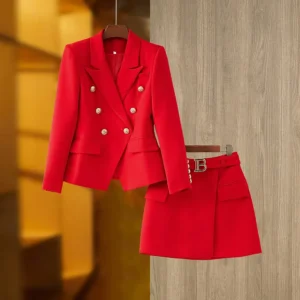 Color: Red, Size: XXL, Ships From: CN - New Arrival Elegant Style Lady Office Work Suit Double-breasted Long Sleeve Fitted Blazer A-line Pencil Mini Skirt Women 2Pcs
