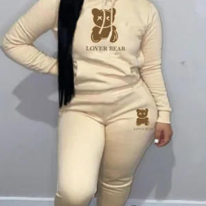 Color: Champagne, Size: XL - 2 Piece Set Women Outfit Letter Bear Print Hooded Neck Hoodies Sweatshirt Pants Tracksuit 2024 Plus Size Streetwear Casual Suit