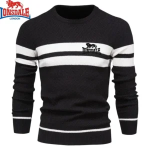 Color: black, Size: XL - Embroidered LONSDALE Mens Boys Winter Stripe Sweater Thick Warm Pullovers Men's O-neck Basic Casual Slim Comfortable Sweaters
