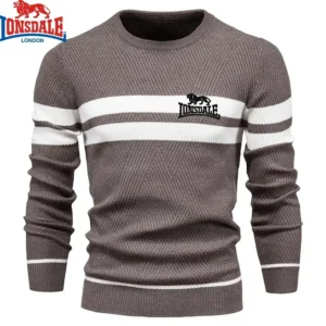 Color: Beige, Size: XL - Embroidered LONSDALE Mens Boys Winter Stripe Sweater Thick Warm Pullovers Men's O-neck Basic Casual Slim Comfortable Sweaters