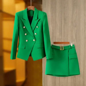 Color: green, Size: S, Ships From: CN - New Arrival Elegant Style Lady Office Work Suit Double-breasted Long Sleeve Fitted Blazer A-line Pencil Mini Skirt Women 2Pcs