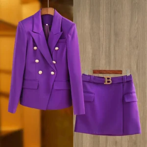 Color: PURPLE, Size: M, Ships From: CN - New Arrival Elegant Style Lady Office Work Suit Double-breasted Long Sleeve Fitted Blazer A-line Pencil Mini Skirt Women 2Pcs