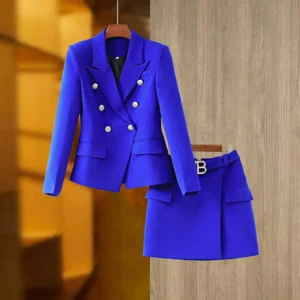 Color: Blue, Size: M, Ships From: CN - New Arrival Elegant Style Lady Office Work Suit Double-breasted Long Sleeve Fitted Blazer A-line Pencil Mini Skirt Women 2Pcs