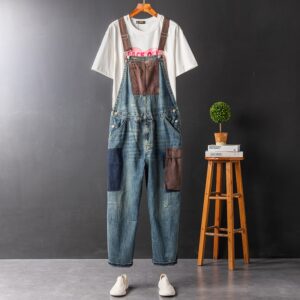 Men's And Women's Contrast Color Overalls Suspender Pants