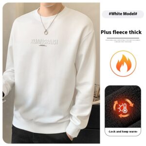 Color: White With Fleece Lining, Size: 2XL - Round Neck Heavy Sweater For Men Spring And Autumn New